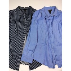 Lane Bryant Womens 16 Button Down Work Shirts Striped Navy Blue 2 Piece Lot of 2